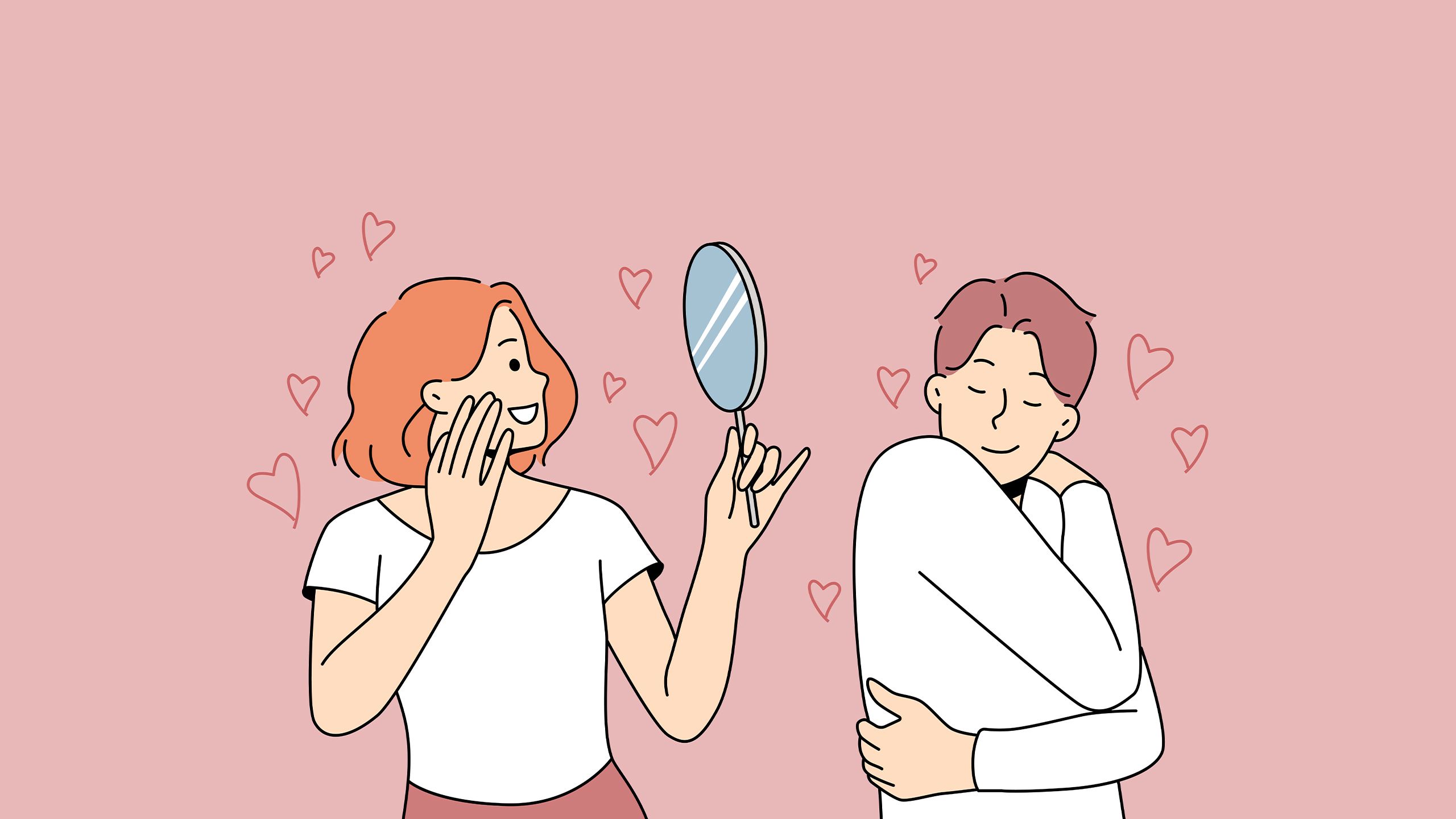 An illustration of a couple who look similar. The woman is looking lovingly at herself in a mirror