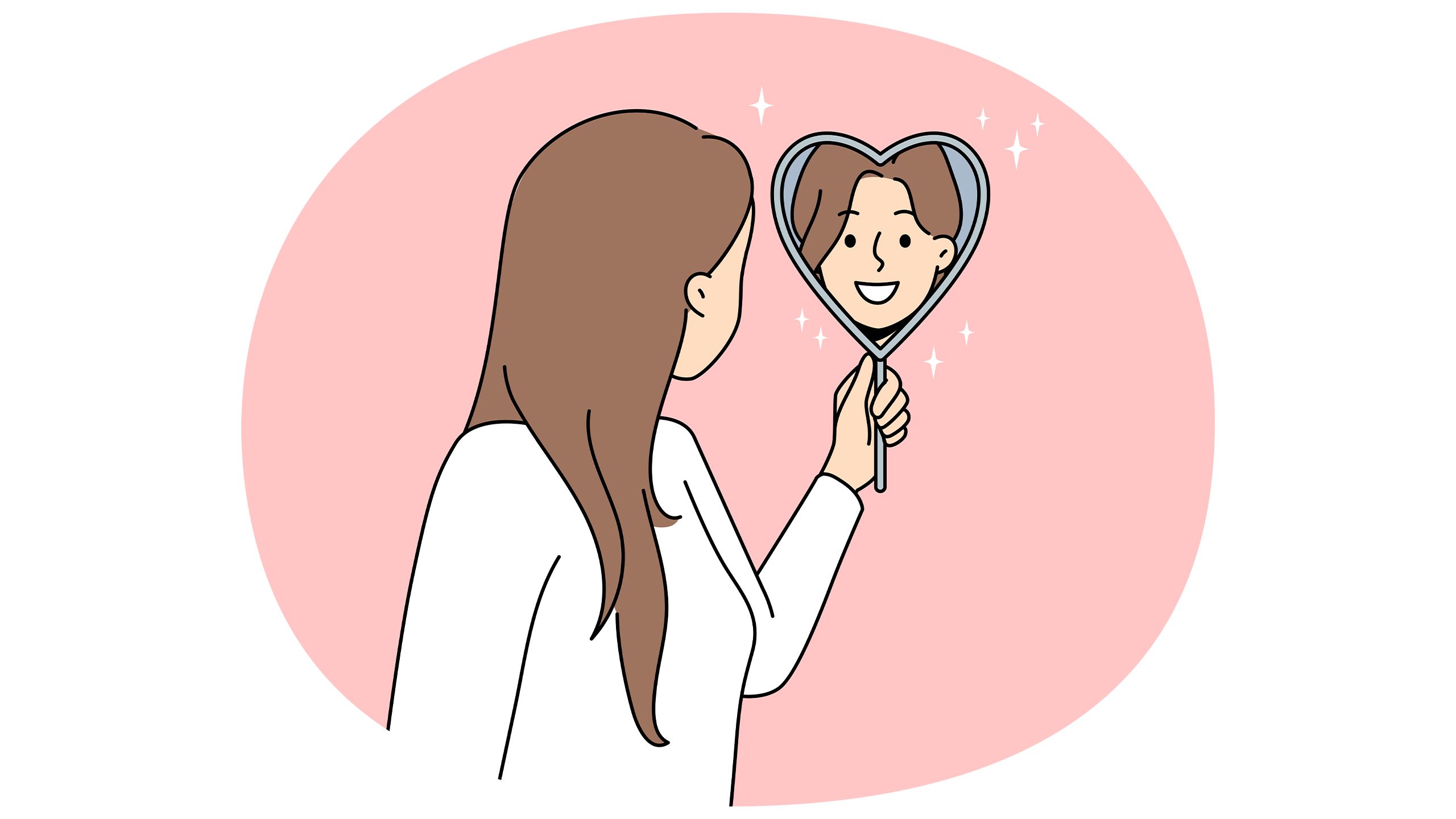 An illustration of a woman looking into a mirror. The reflection is of a man her looks similar to her.