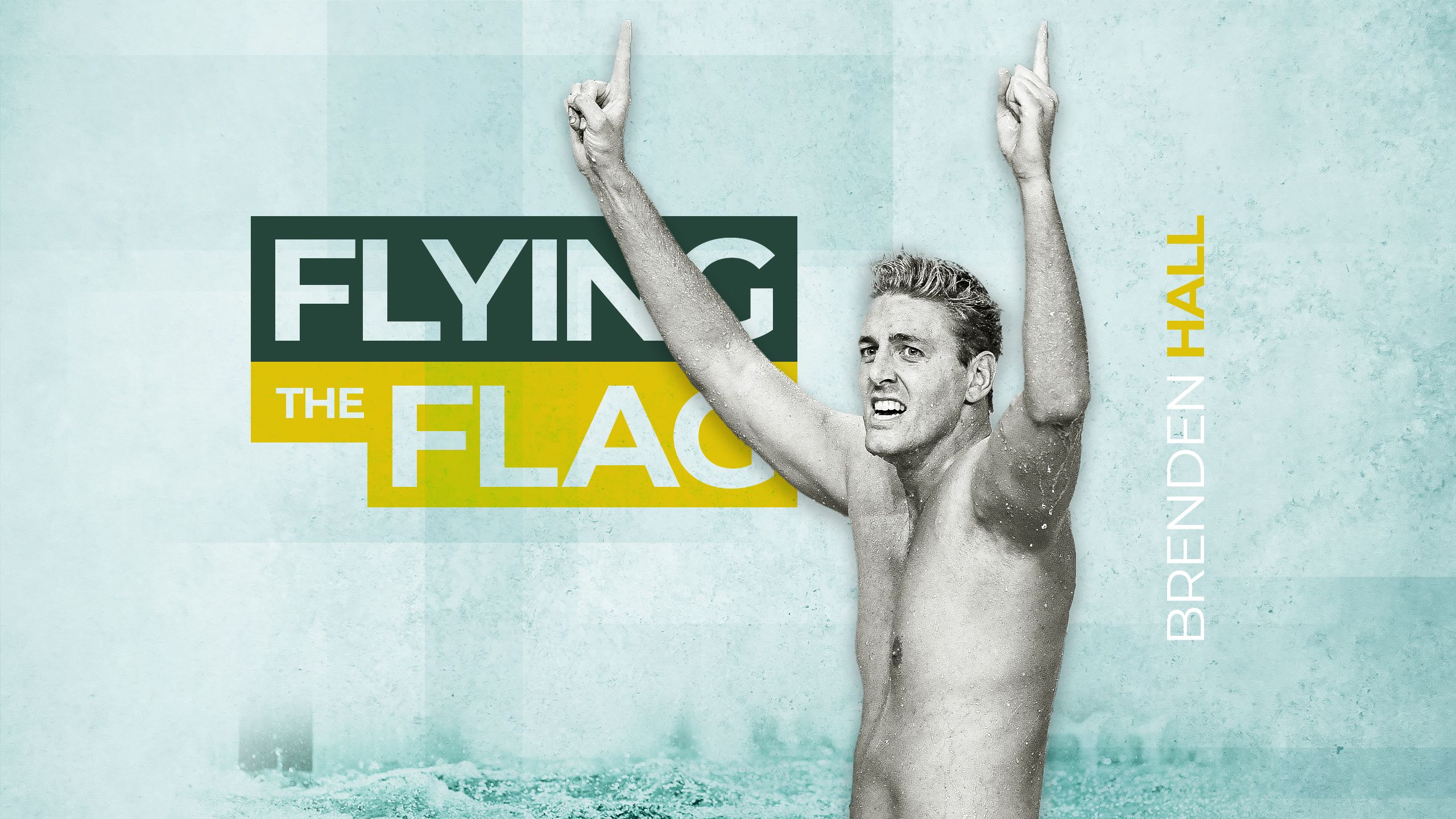 An image of UQ Brenden Hall celebrating after winning gold at the 2018 Commonwealth Games. A headline reads: Flying the flag.