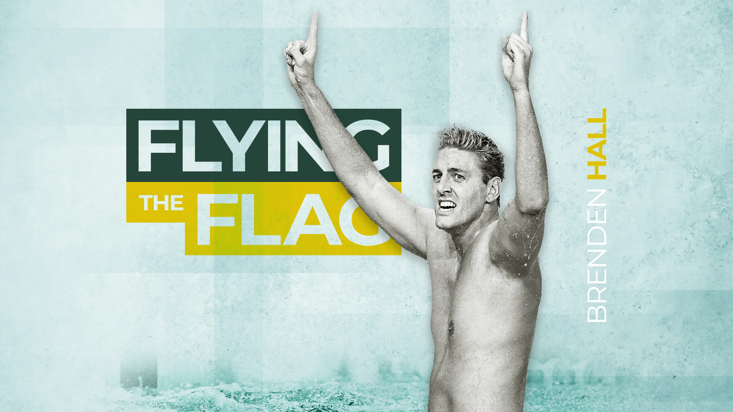 An image of UQ Brenden Hall celebrating after winning gold at the 2018 Commonwealth Games. A headline reads: Flying the flag.