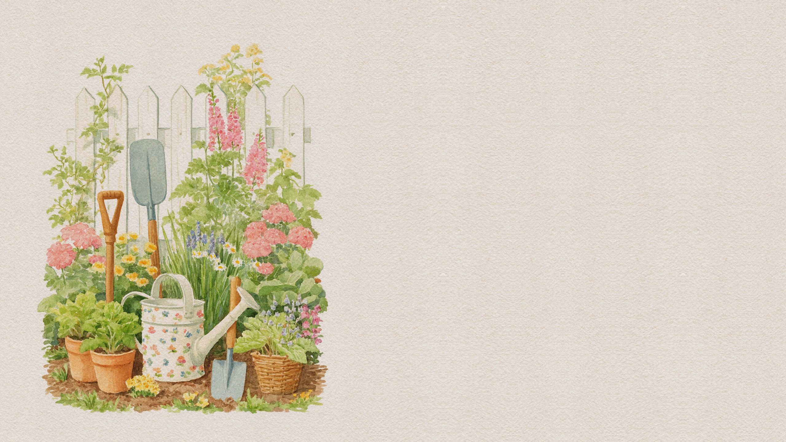 Watercolor illustration of a farm garden with a white fence in the background