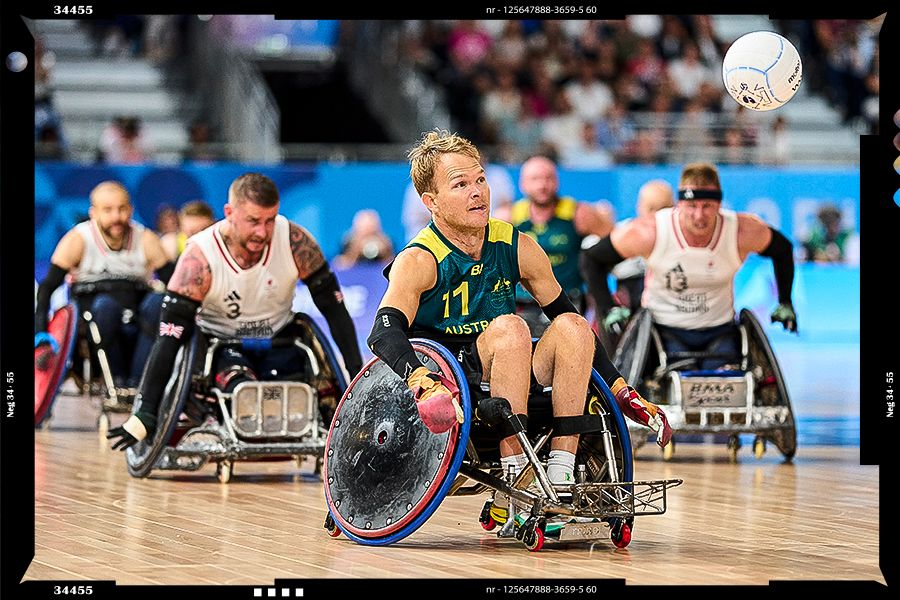 UQ Wheelchair Rugby Club player Beau Vernon in action against Great Britain.