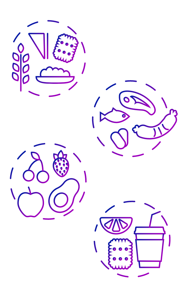 Purple icon showing a cup with a straw, an orange slice, and a biscuit in a dotted circle. 