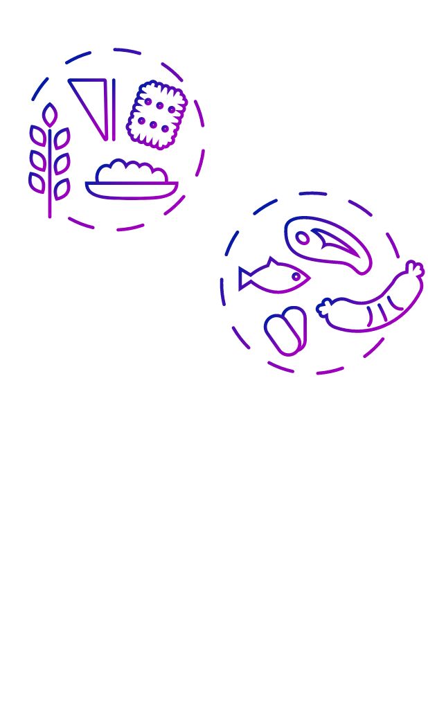 Purple icon showing steak, fish, sausage and beans in a dotted circle. 