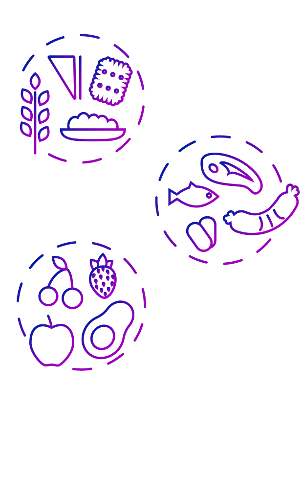 Purple icon showing cherries, an apple, a strawberry and an avocado in a dotted circle. 