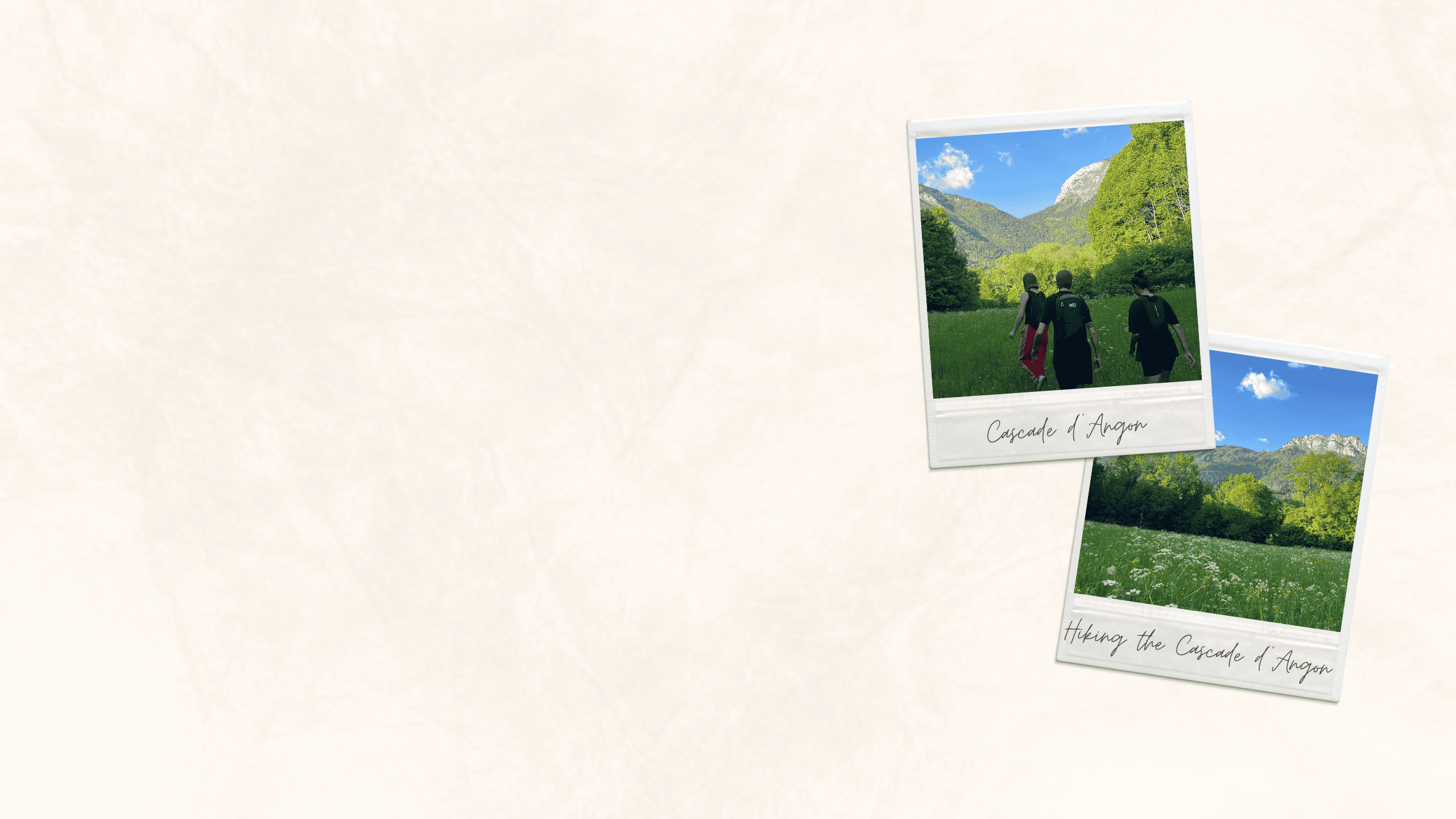 A polaroid of the Cascade d'Angon at sunset. The pink and purple dusty sky is peaking out from behind the side of the mountain.