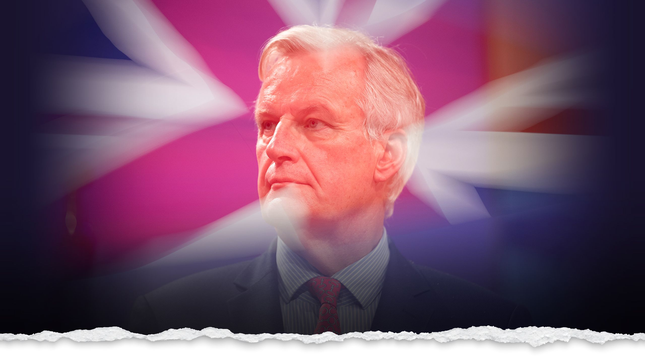 An image of Michel Barnier with the Union Jack flag in the background.