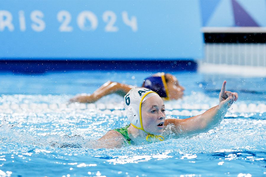 UQ student Abby Andrews in action against Spain during the women's water polo final in Paris. Image: Marcel ter Bals/DeFodi Images/DeFodi via Getty Images