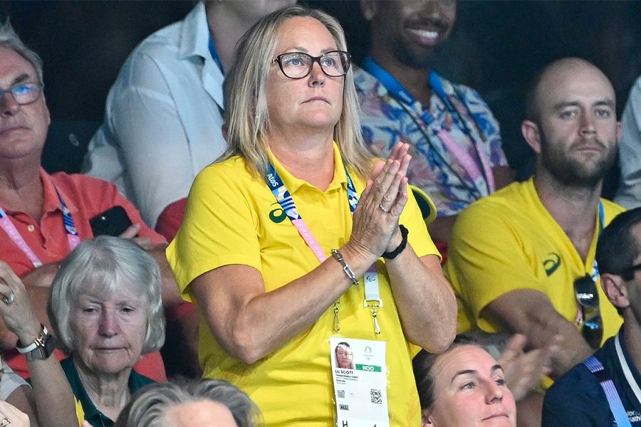 2000 Olympic champion Liz Weekes watches Australia win silver in the women's water polo at La Defence Arena. Image: Nick La Galle/Sportshounds