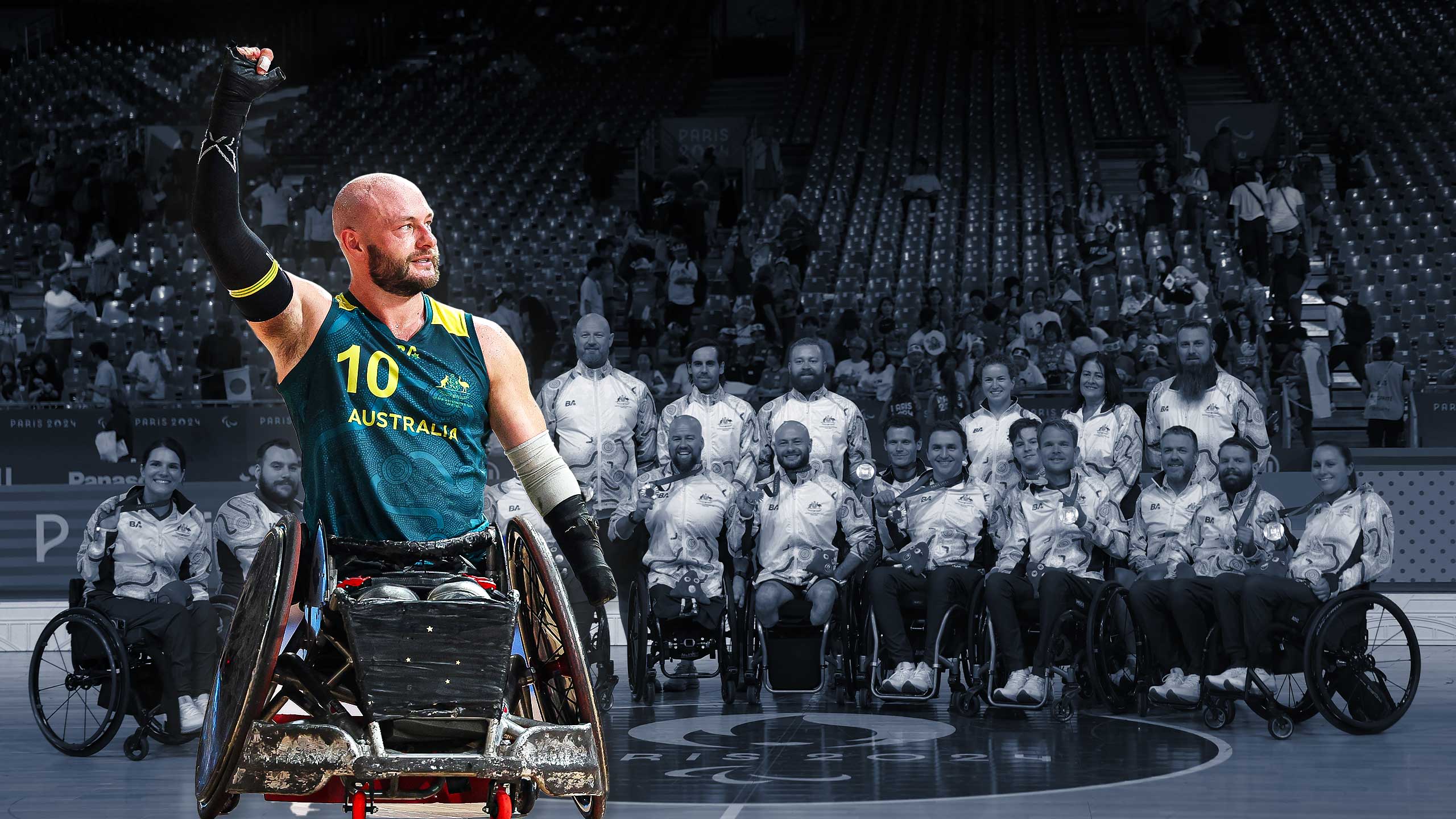 Australian and UQ Wheelchair Rugby Club captain Chris Bond celebrates winning a bronze medal in Paris. Image: Alex Davidson/Getty Images