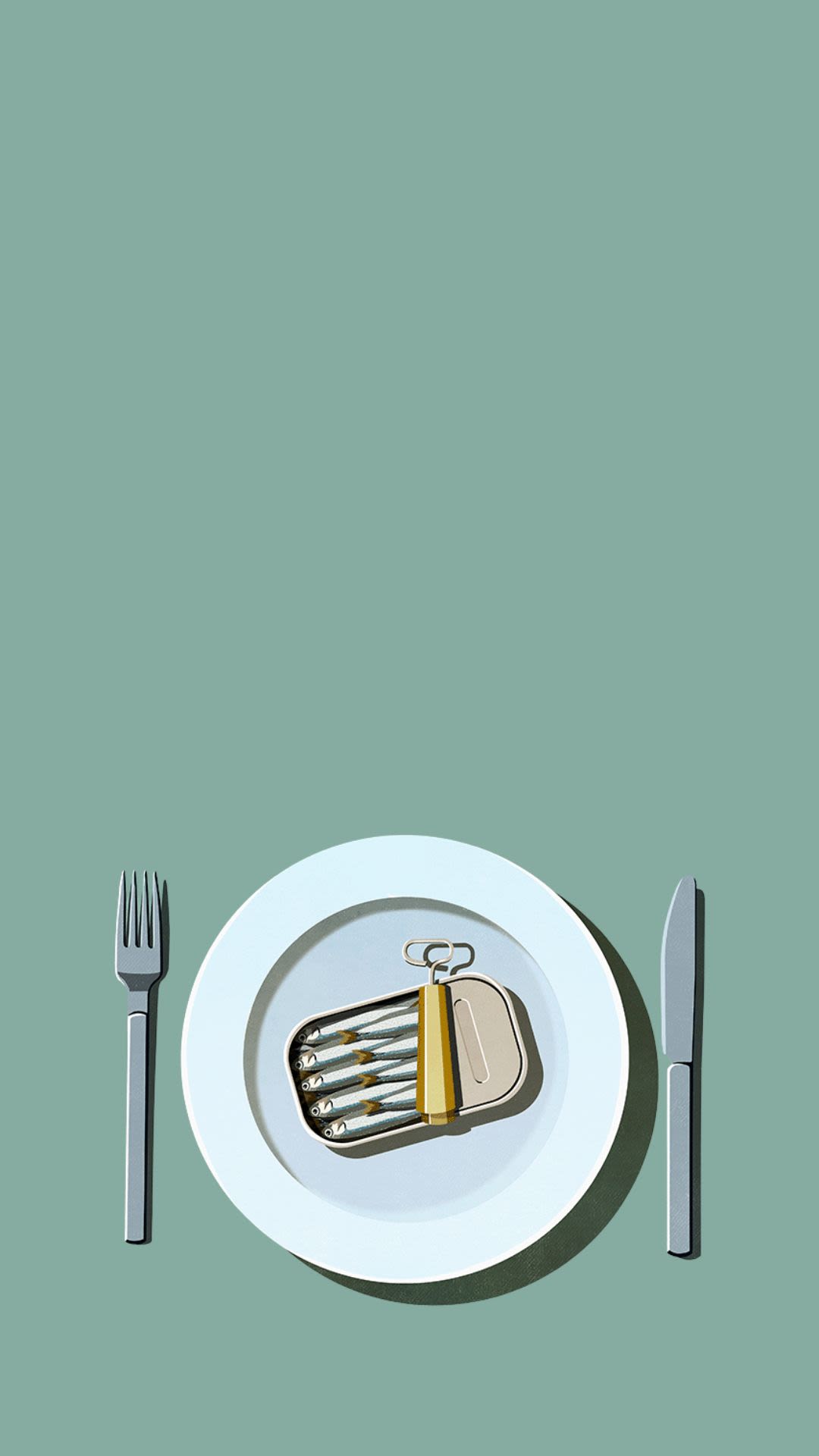 AN illustration of an open tin of sardines on a dinner plate with a knife and fork either side.