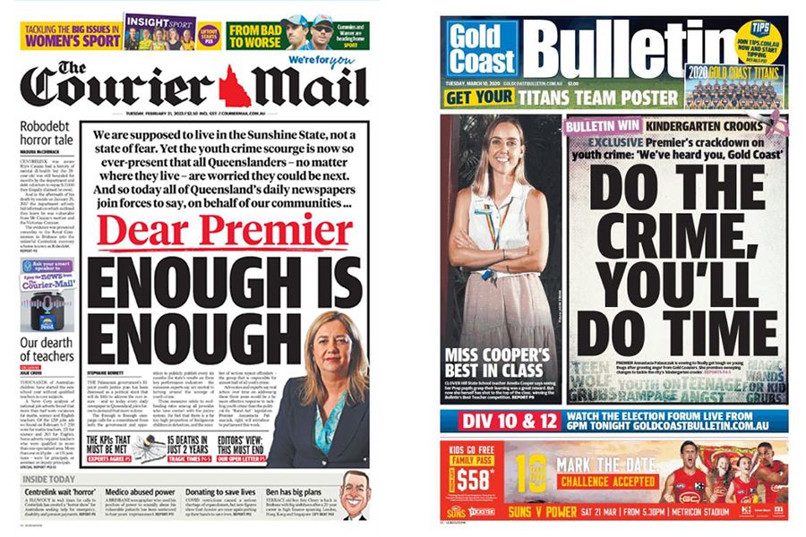 Images of Queensland newspaper front pages reporting on youth crime.