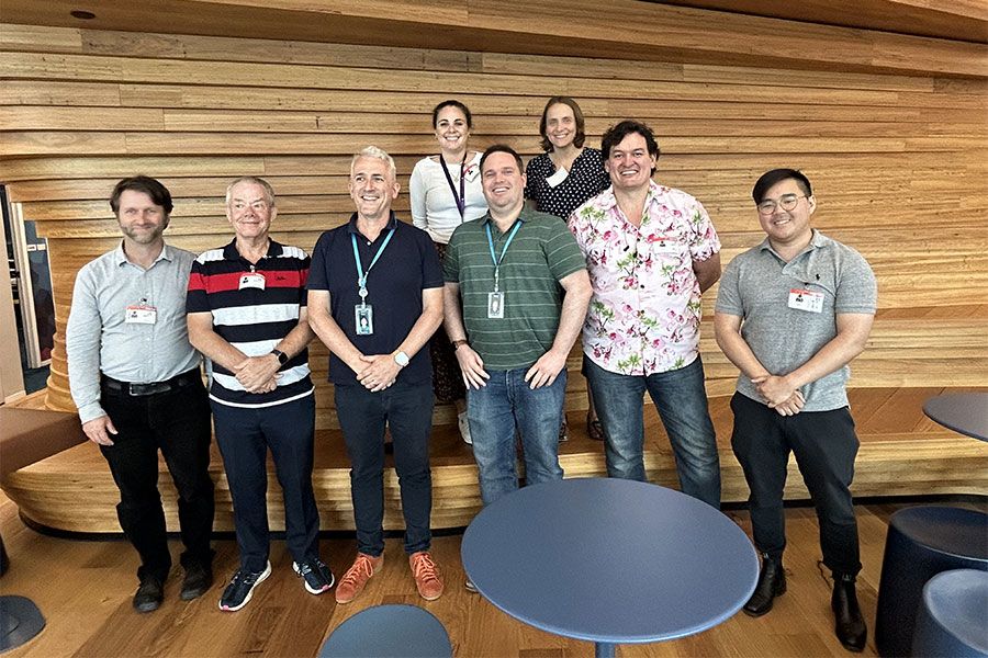 The winning team from the 2023 Amazon Web Services (AWS) Queensland Hackathon 'Hack for purpose' competition including Scott Harding, Aphasia Tech Hub team members Dr Sonia Brownsett, Professor David Copland and Kori Ramajoo and AWS software developers.