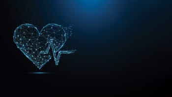 Abstract heart beat form lines and triangles, point connecting network on blue background. Illustration vector