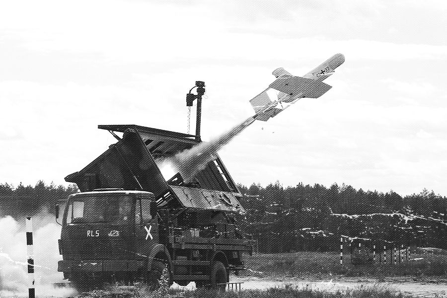 Launching a reconnaissance drone with the help of a booster rocket.