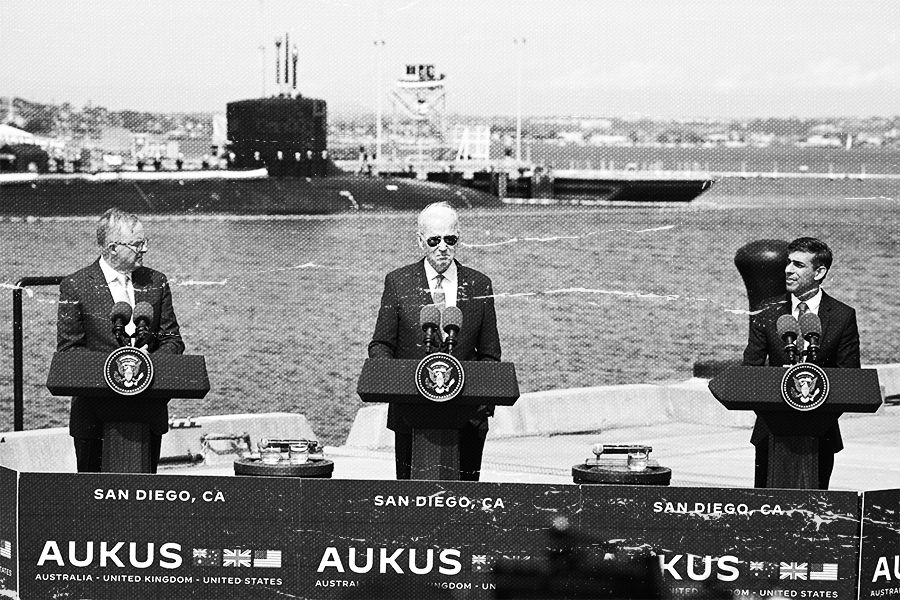 Australian Prime Minister Anthony Albanese, US President Joe Biden and British Prime Minister Rishi Sunak address the media after an AUKUS meeting to discuss the procurement of nuclear-powered submarines under a pact between the 4 nations.