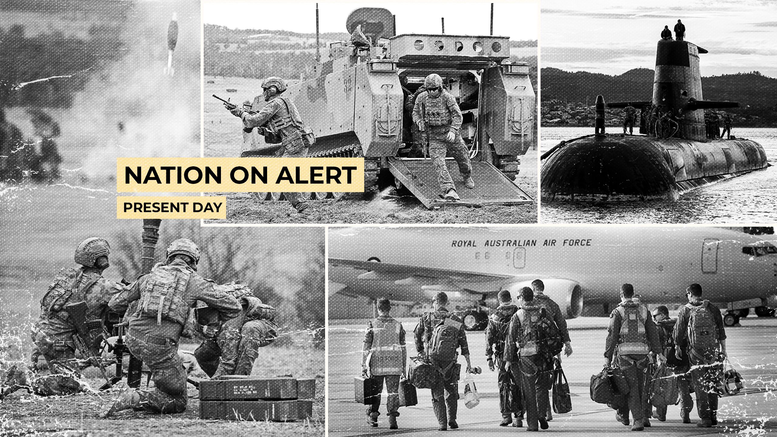 Image shows a collage of Australian soldiers in recent conflicts and during training operations.