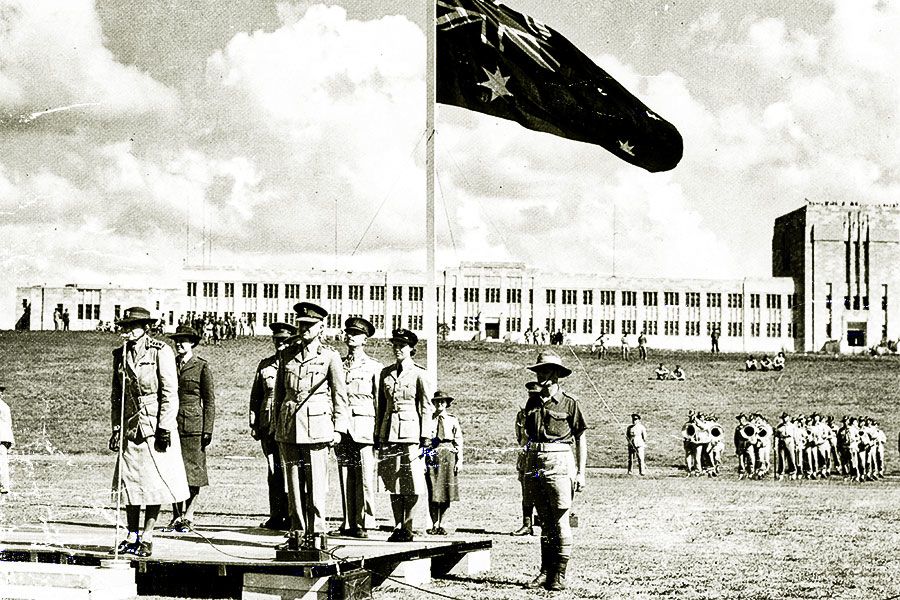 Her Excellency Lady Gowrie, Honorary Colonel, reviewing the Australian Women's Army Service at Landops, May 1943.