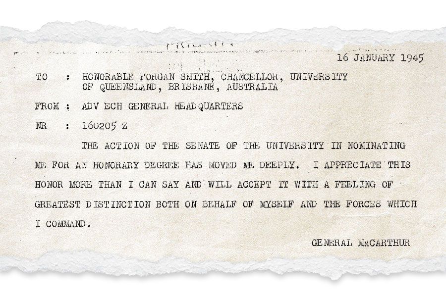 An image of a letter from General MacArthur MacArthur graciously accepted, describing to the Chancellor how the nomination had "moved him deeply".