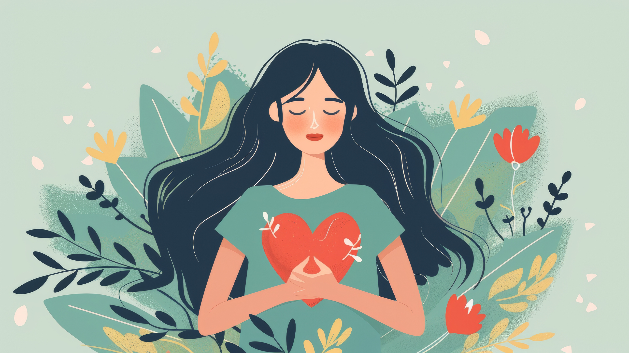 Illustration of a woman with a kind heart feeling self love, bliss, harmony, and positive emotion.