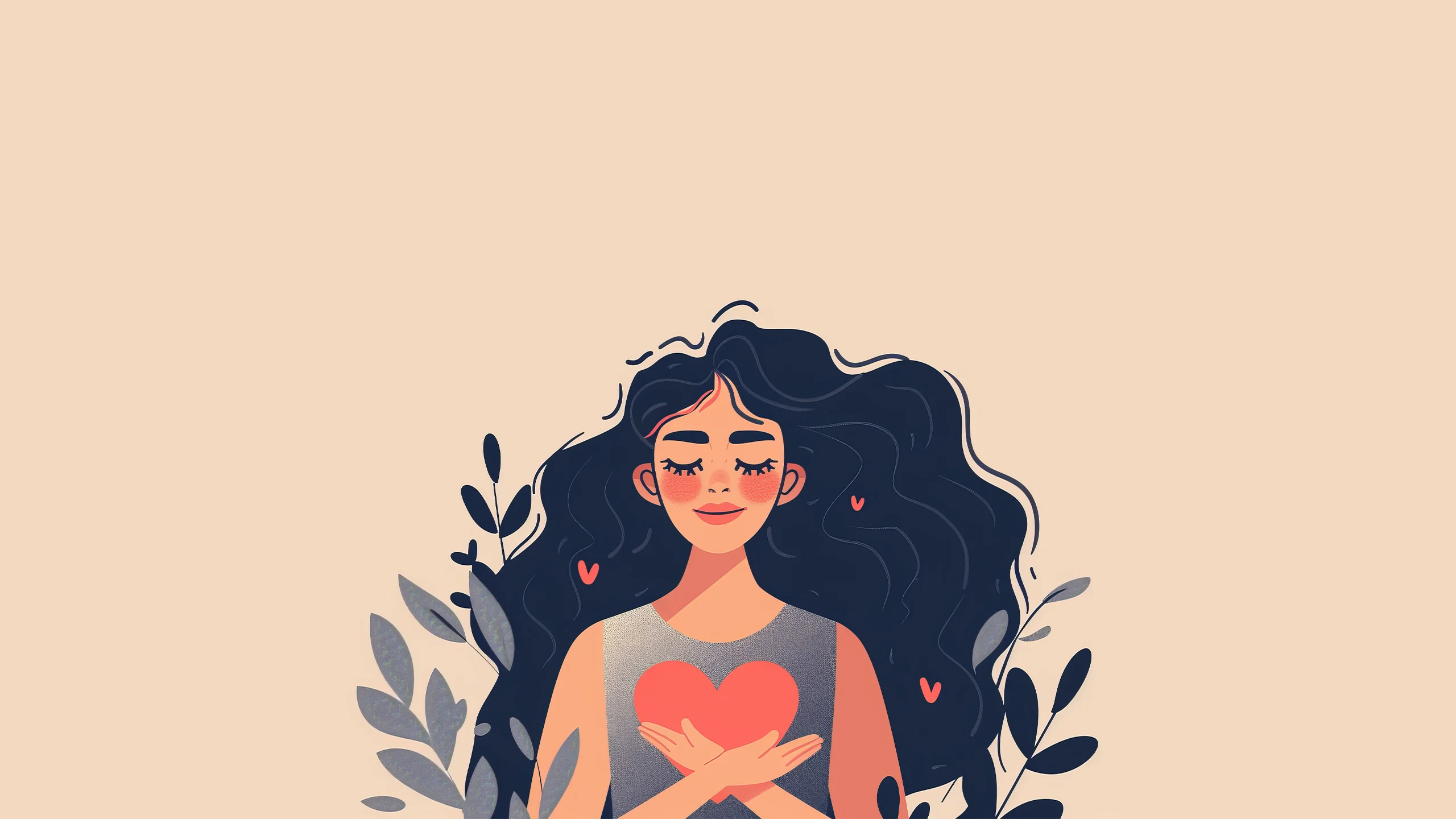 An illustration of a woman with her hand on her kind heart, feeling love, bliss and harmony.