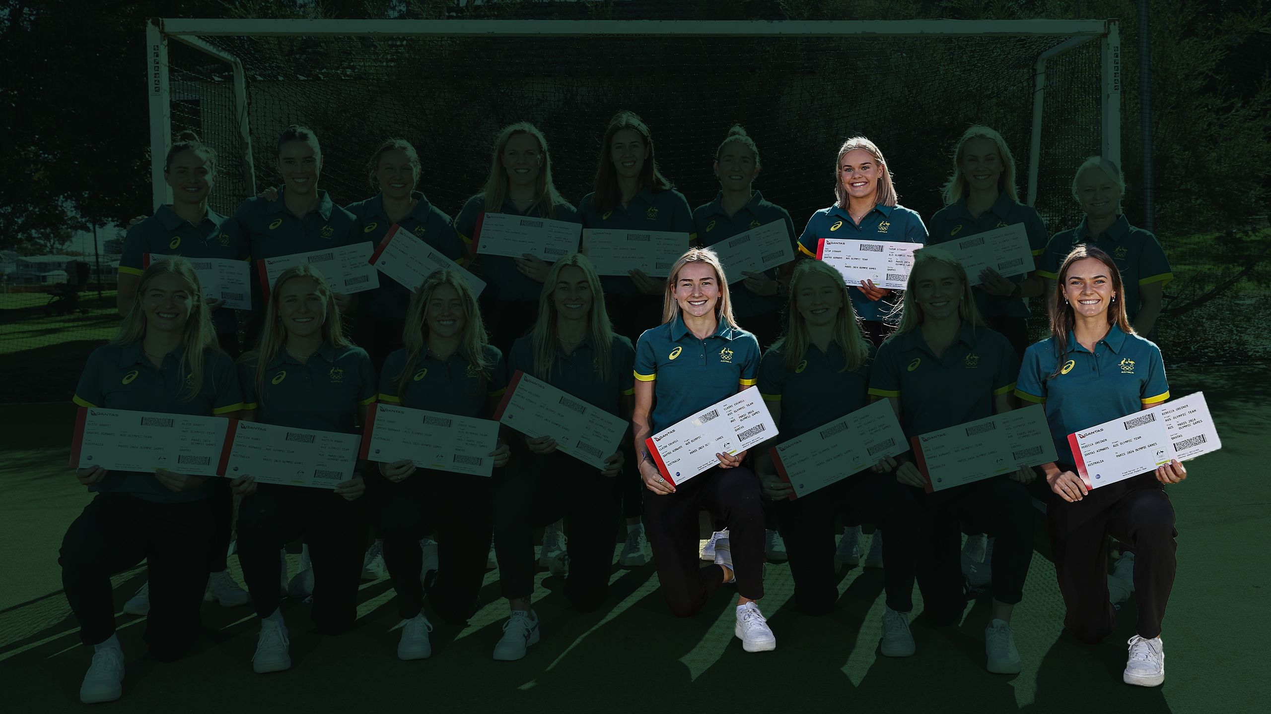 The Hockeyroos squad after booking their tickets to the Paris 2024 Olympics. Tatum Stewart (back row), Claire Colwill (front centre) and Rebecca Greiner (front left) are highlighted.