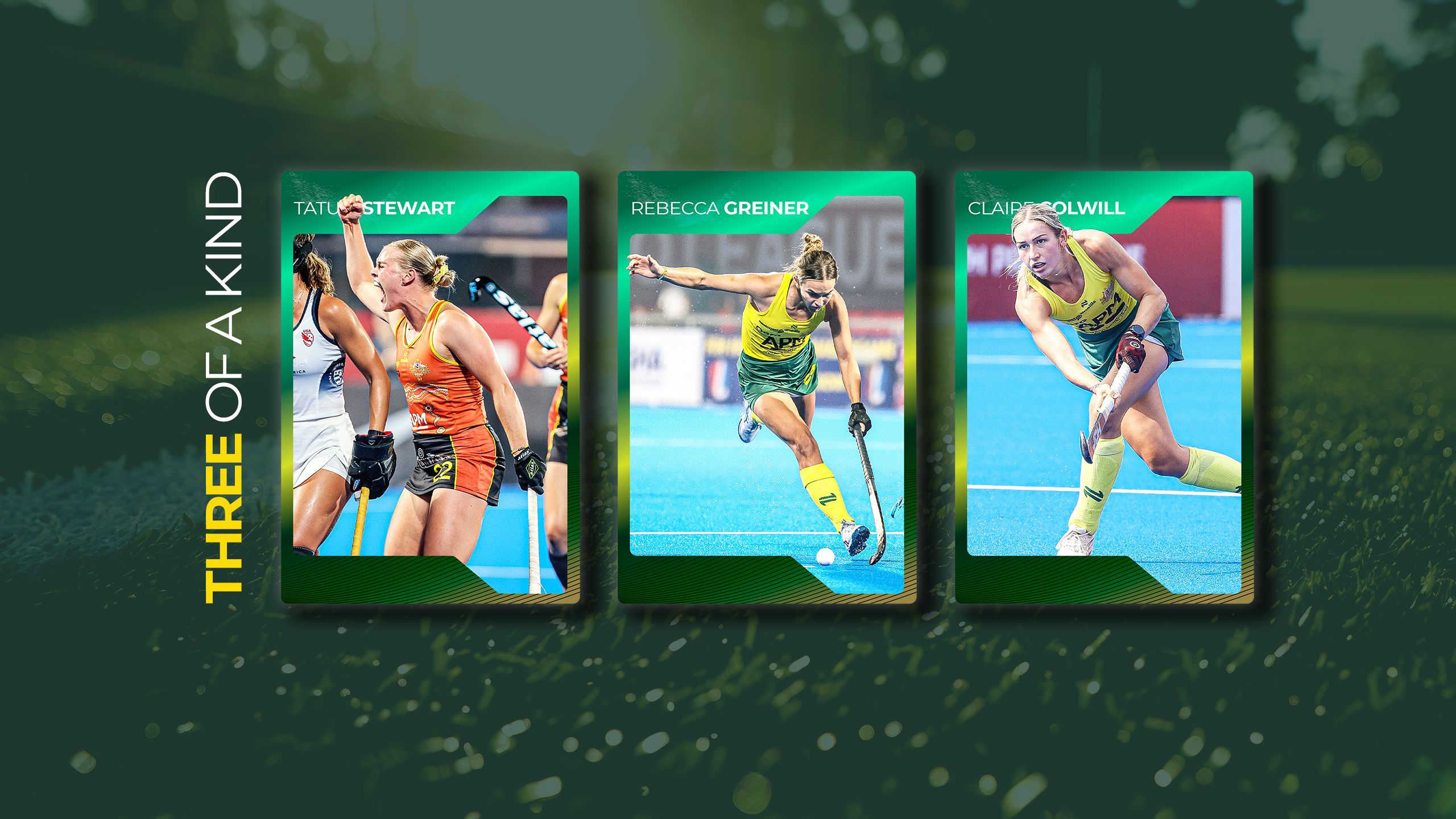 An image of three UQ Hockey Club players Tatum Stewart, Rebecca Greiner and Claire Colwill. The images are designed to look like athlete player cards and the headline says: Three of a kind.