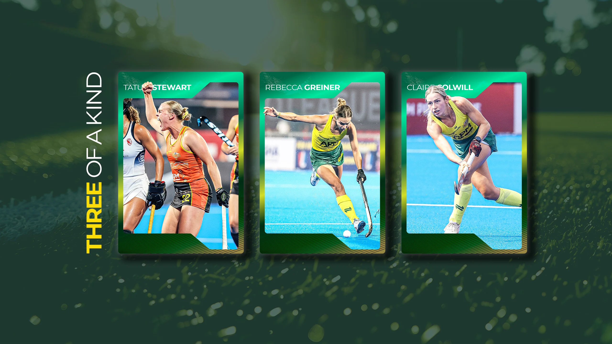 An image of three UQ Hockey Club players Tatum Stewart, Rebecca Greiner and Claire Colwill. The images are designed to look like athlete player cards and the headline says: Three of a kind.