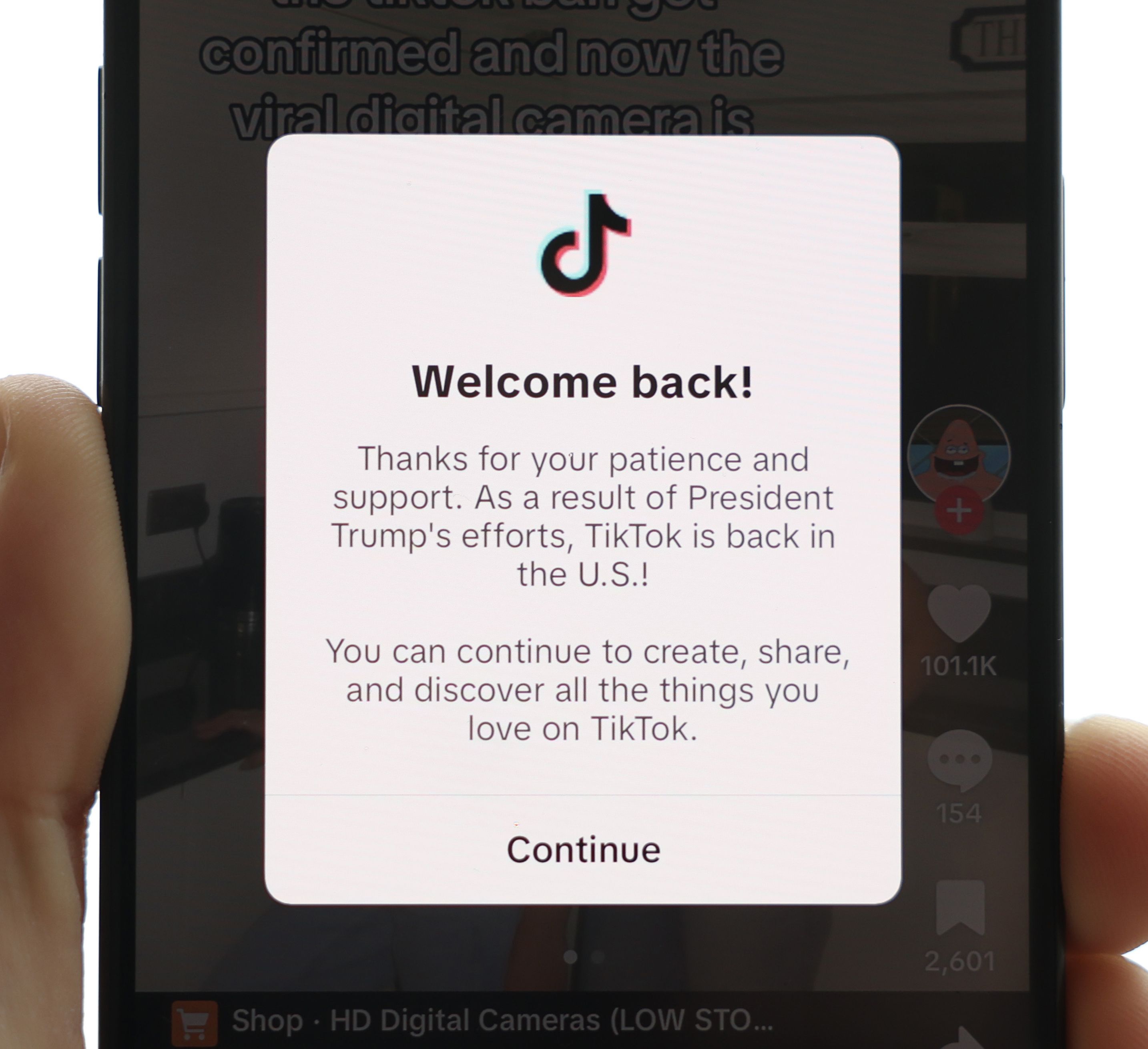 A message posted on the TikTok app following its restoration to US app stores.