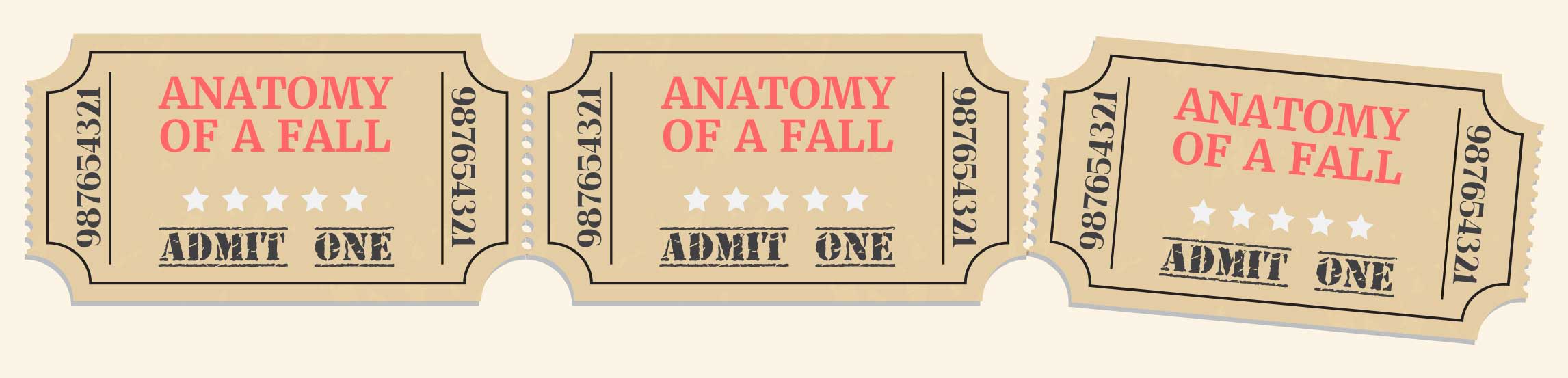 Illustration of movie tickets with for the movie 'Anatomy of a Fall'.