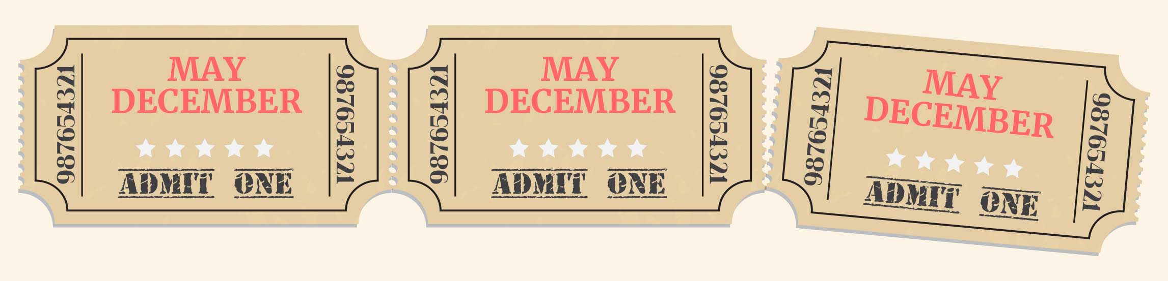 Illustration of movie tickets with for the movie 'May December'.