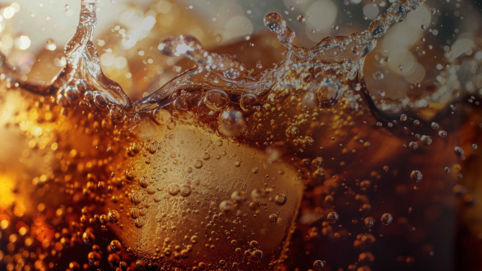 Extreme close up of cola drink with ice