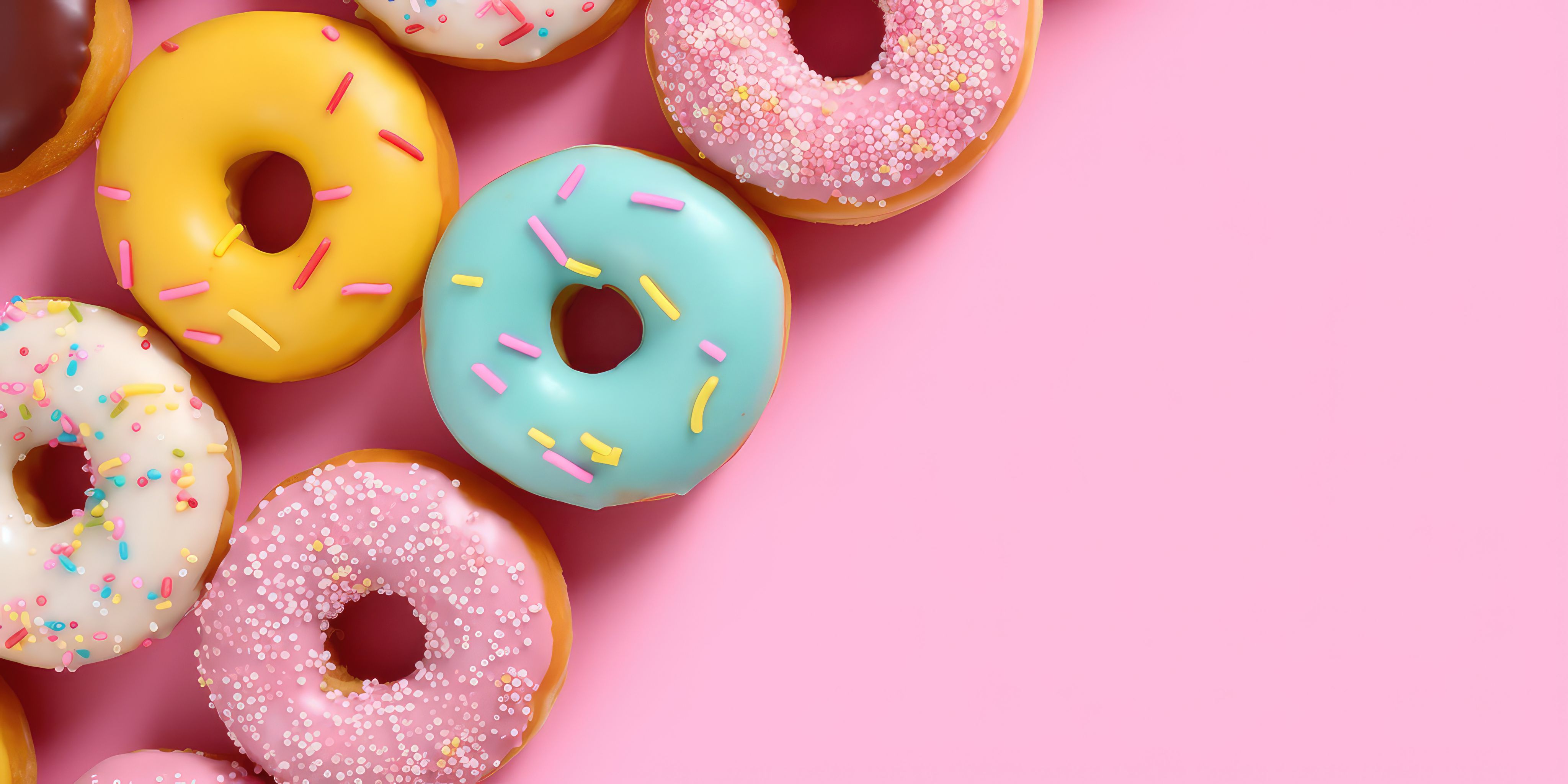 A flat lay image of doughnuts with coloured glaze icing on a pink background