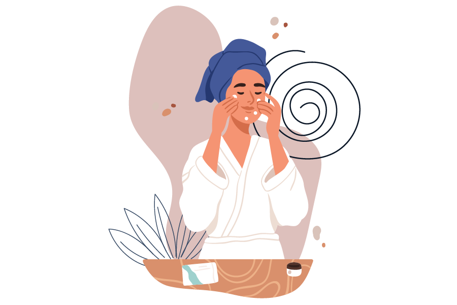 An illustrations of woman wearing a towel wrapped around her head and washing her face.