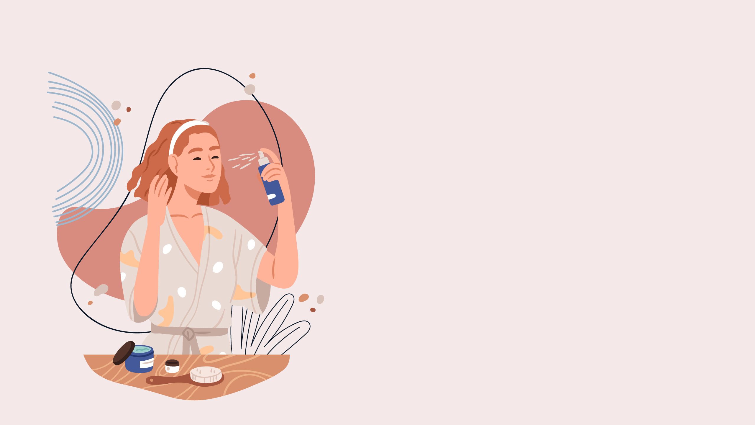 An illustration of a woman spraying a product onto her face.