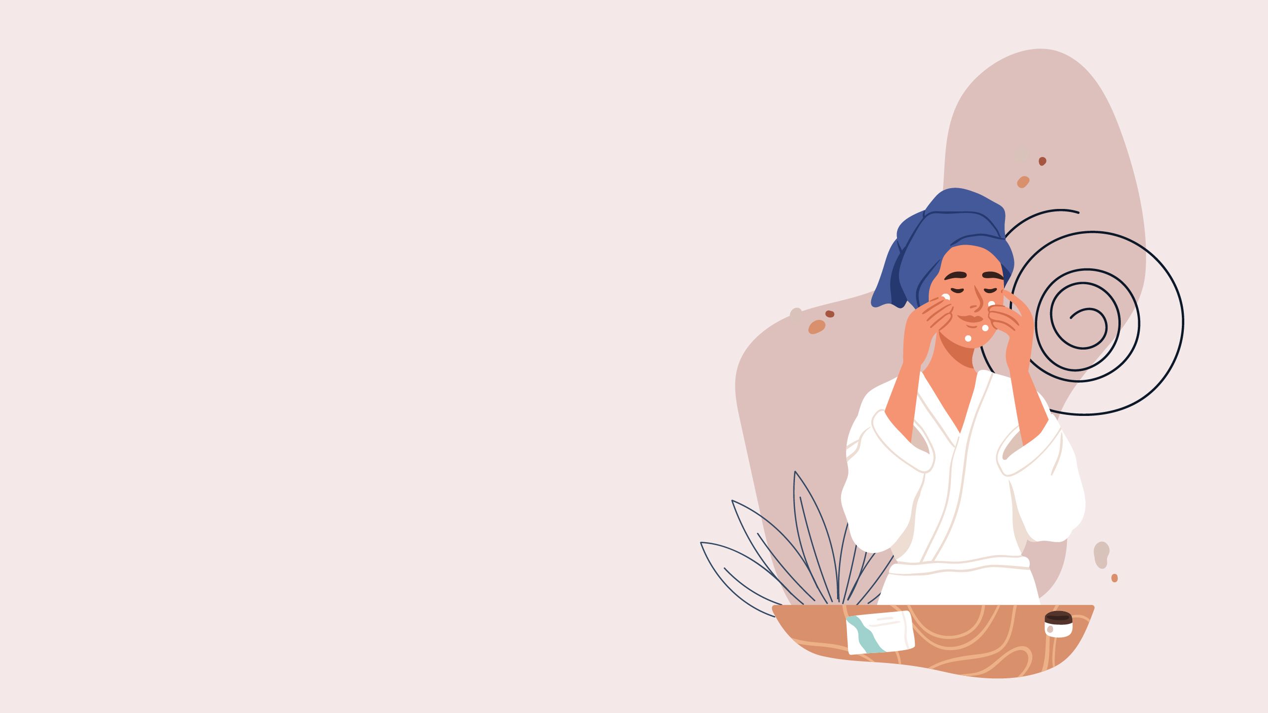 An illustrations of woman wearing a towel wrapped around her head and washing her face.