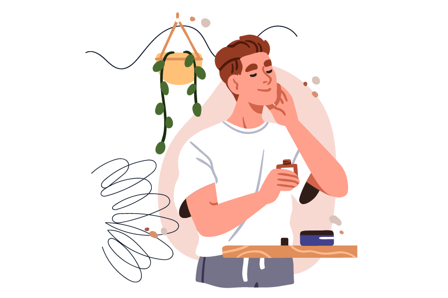 An illustration of a man applying lotion to his face.