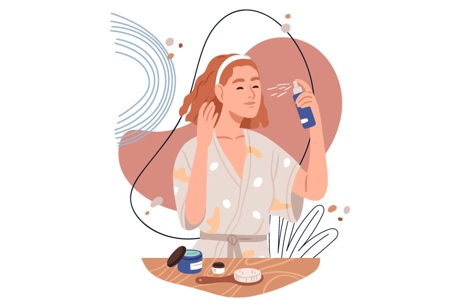 An illustration of a woman spraying a product onto her face.