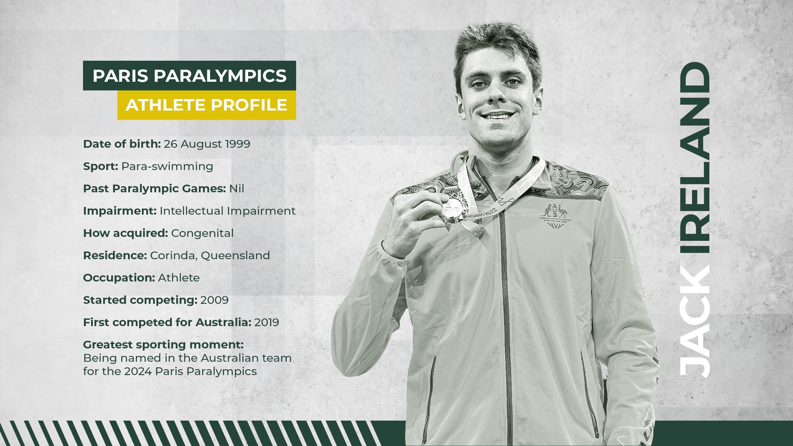 An image of Jack Ireland with the bronze medal he won at the Commonwealth Games in 2022. The image also includes an athlete profile about Jack. Date of birth: 26 August 1999. Sport: Para-swimming. Past Paralympic Games: Nil. Impairment: Intellectual Impairment. How acquired: Congenital. Residence: Corinda, Queensland. Occupation: Athlete. Started competing: 2009. First competed for Australia: 2019. Greatest sporting moment: Being named in the Australian team for the 2024 Paris Paralympics.