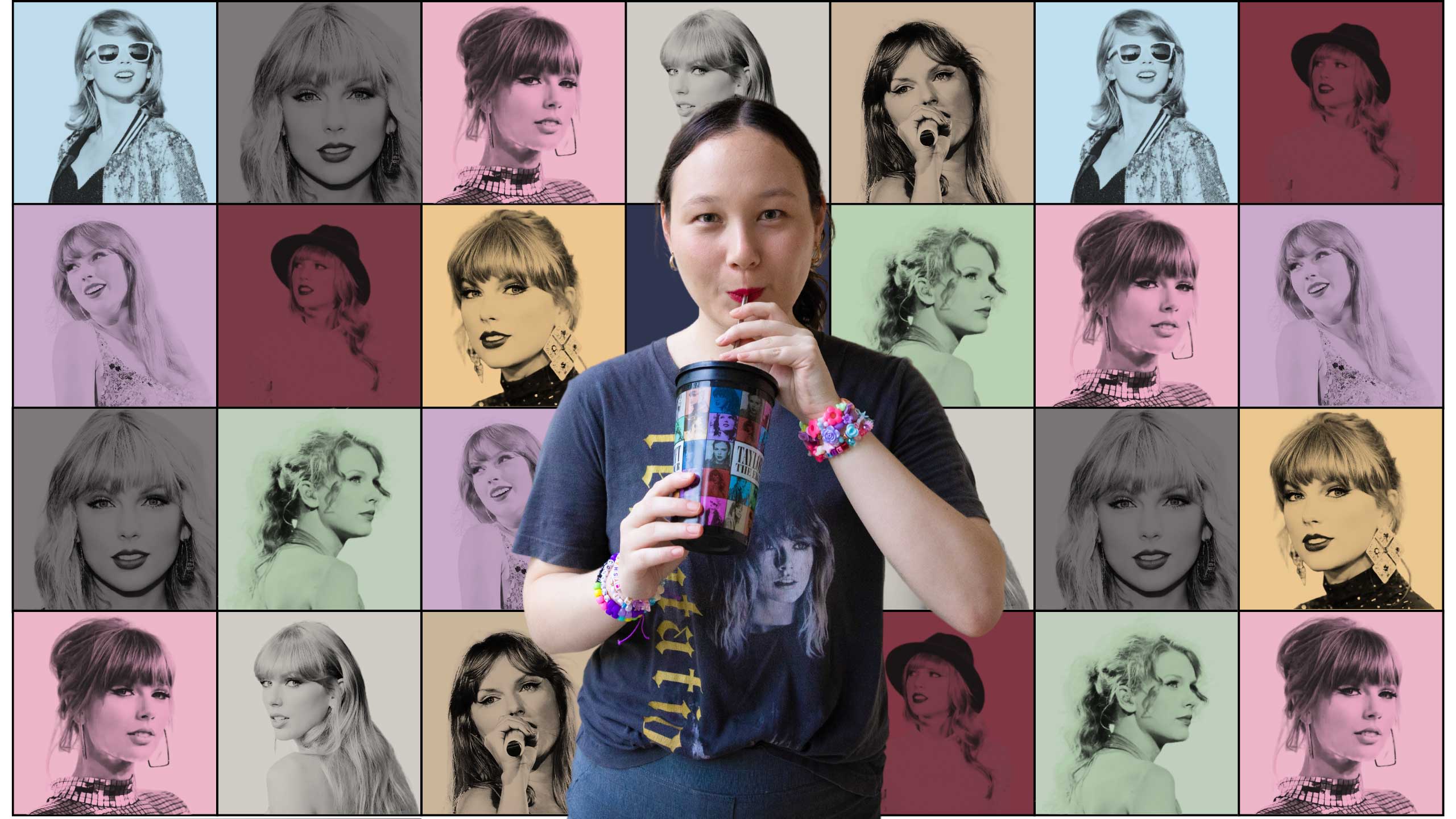Emma sipping out of a Taylor Swift drink bottle. Behind her is a collage of images of Taylor Swift.