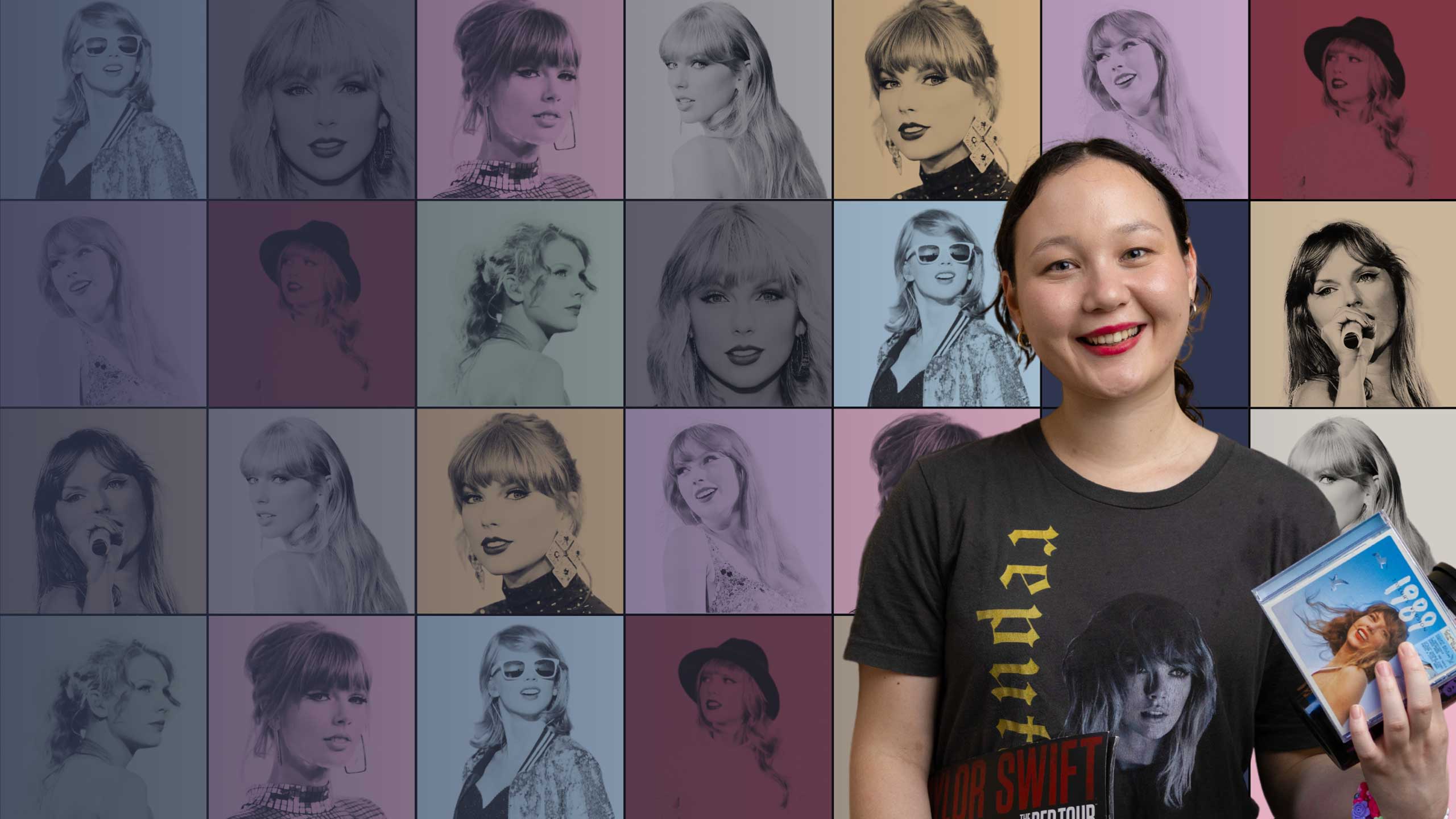 Emma holding Taylor Swift merch. Behind her is a collage of images of Taylor Swift.