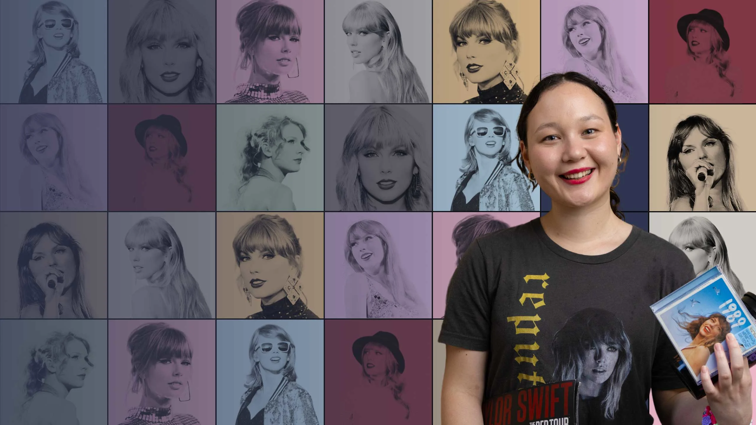 Emma holding Taylor Swift merch. Behind her is a collage of images of Taylor Swift.
