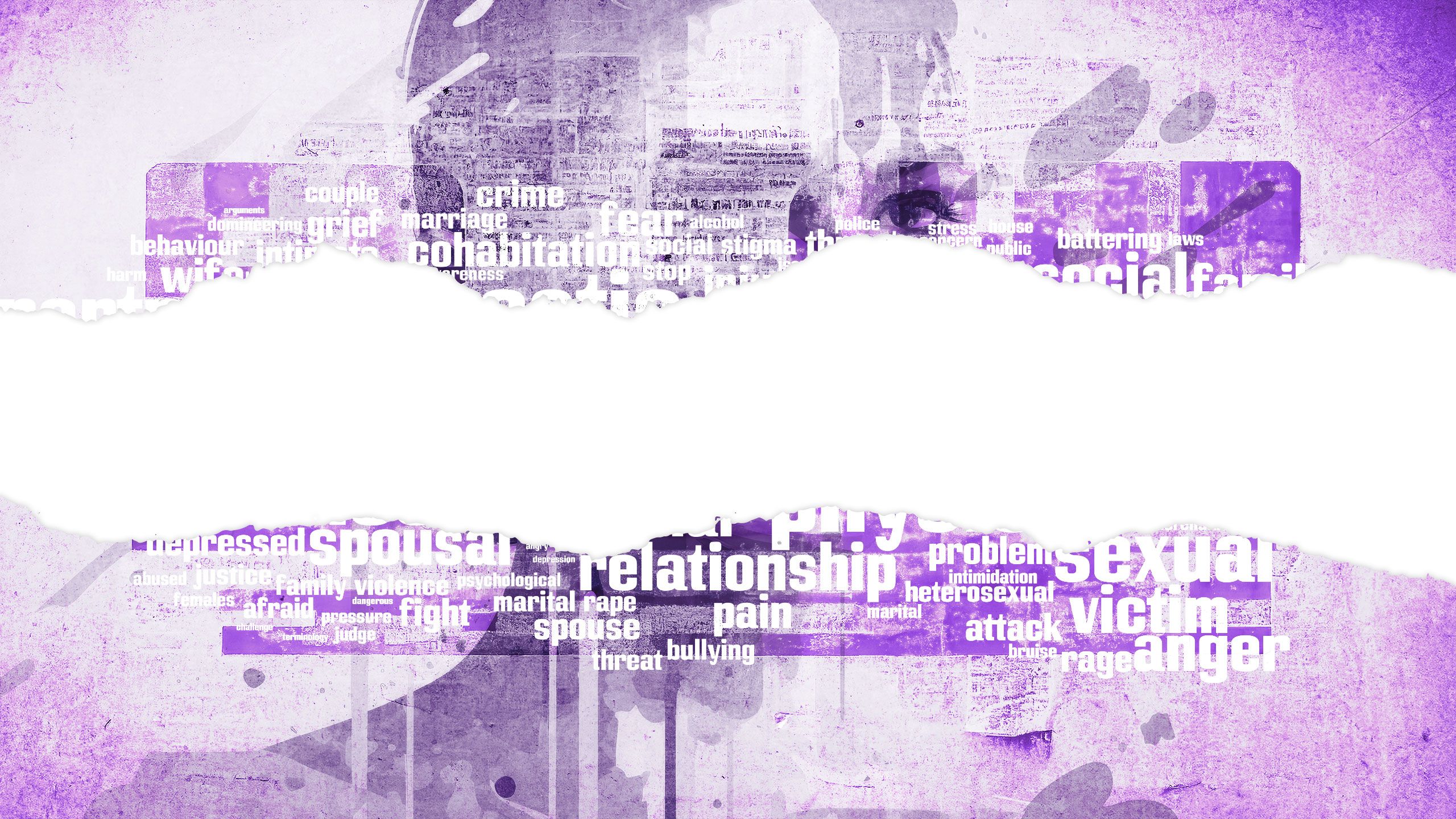A collage depicting gendered and domestic violence. Collage includes image of a woman's face with graphics and domestic violence word cloud concept.