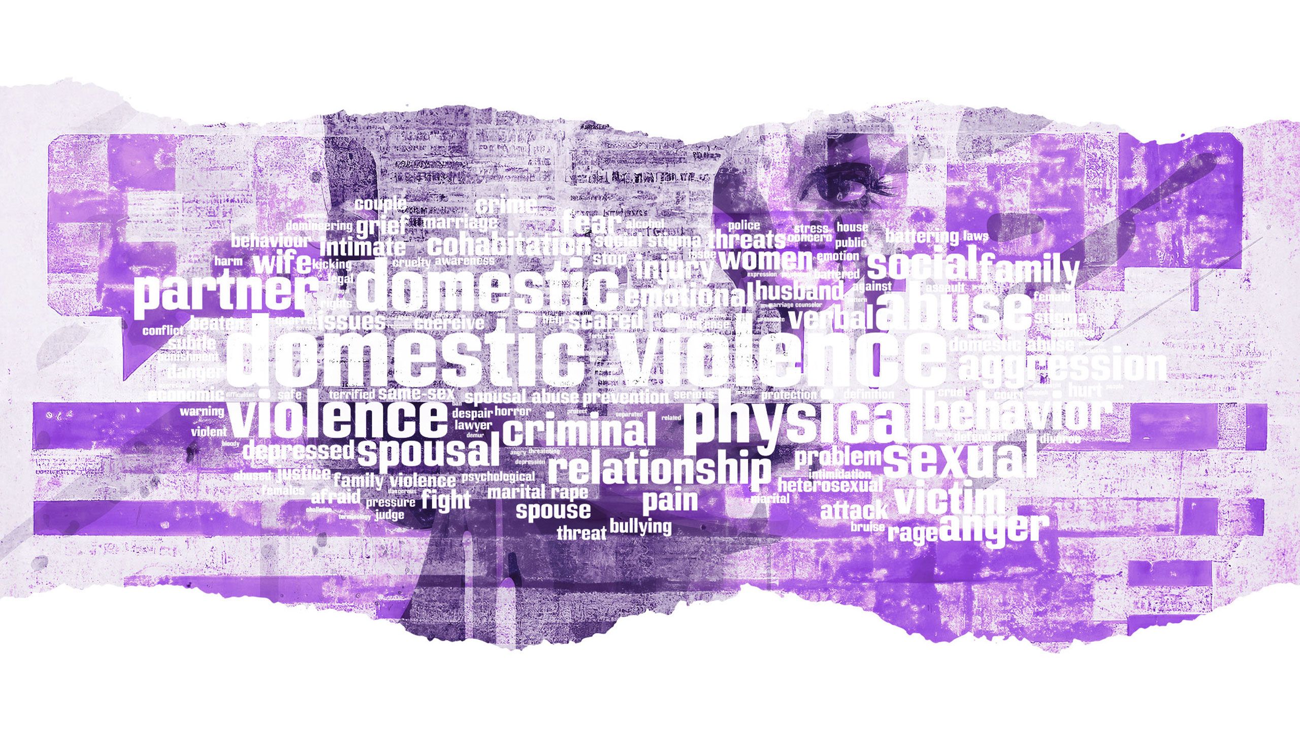 A collage depicting gendered and domestic violence. Collage includes image of a woman's face with graphics and domestic violence word cloud concept.