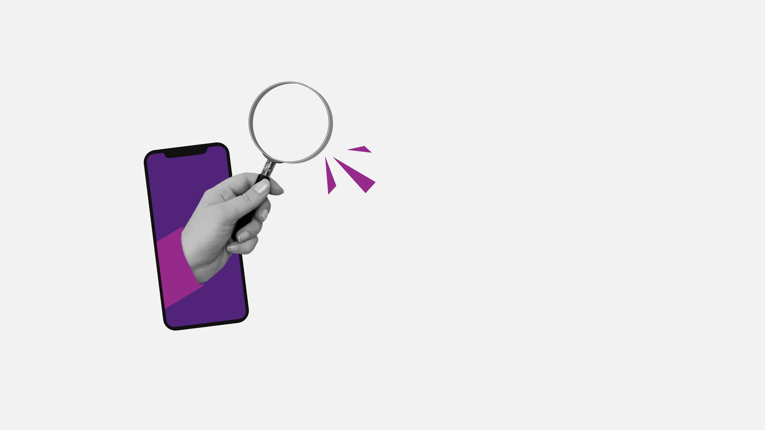 A hand coming out of a phone, holding a magnifying glass.