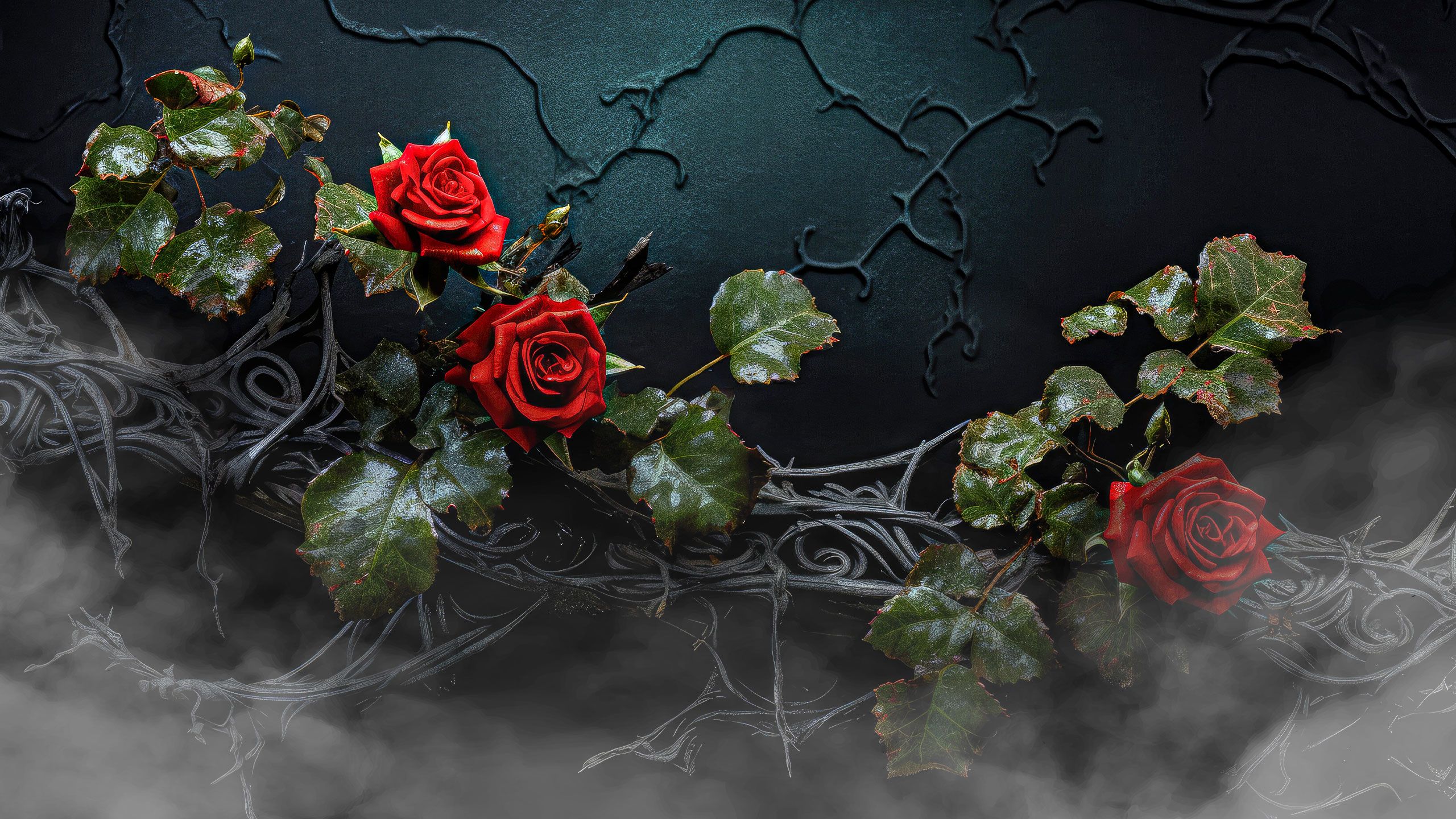 Roses and thorns on a dark stone background with mist swirling.