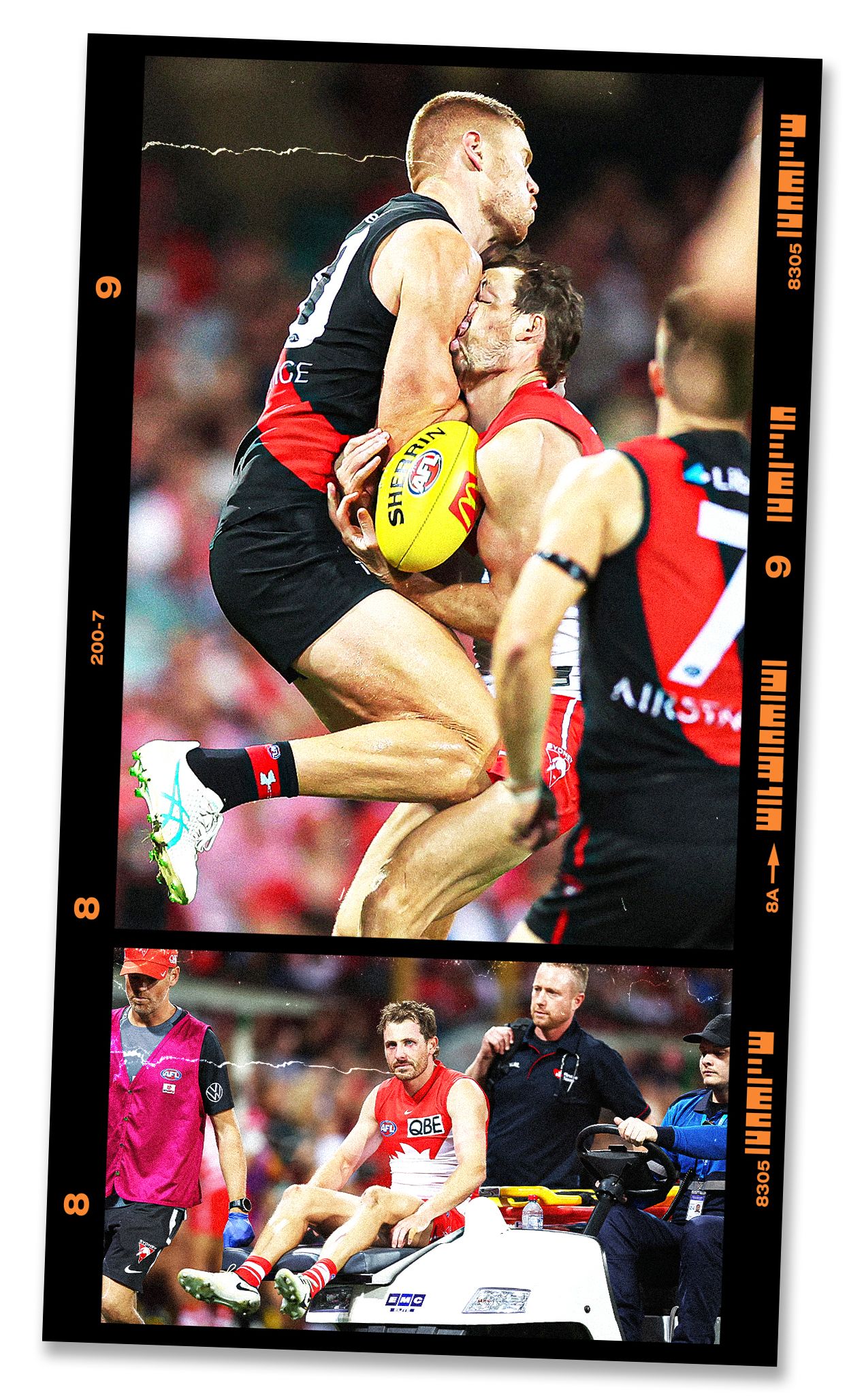 An image of Essendon's Peter Wright collides with Harry Cunningham from the Sydney Swans during round two of the 2024 AFL season at the SCG, and and image of Cunningham leaving the field suffering from concussion.