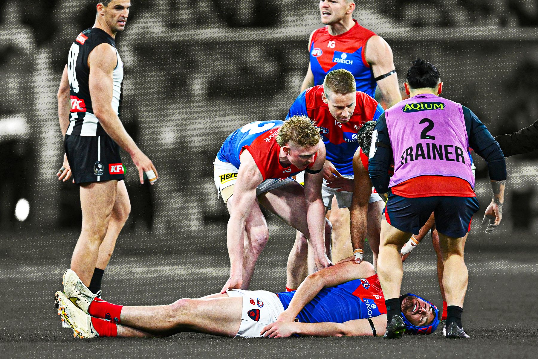 Melbourne Demons star Angus Brayshaw lays unconscious after being knocked out during the first quarter of of 2023 Qualifying Final against Collingwood at the MCG.