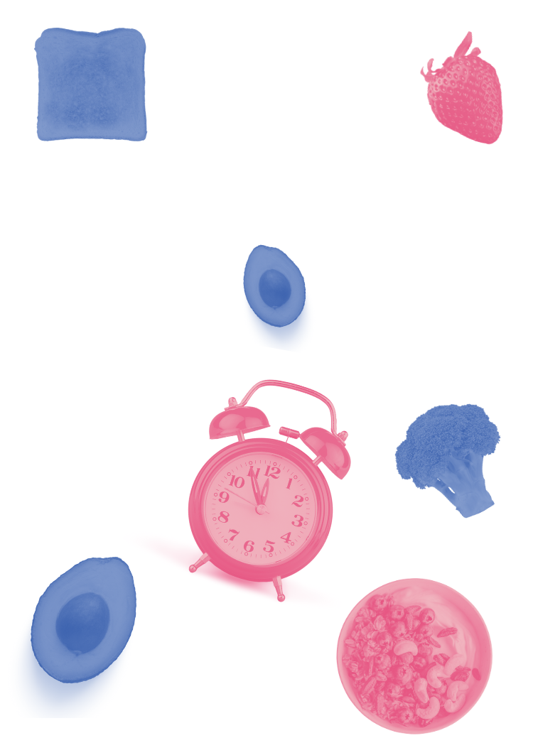 A collage of different objects, including clocks, avocados, broccoli, water, muesli and sunglasses.