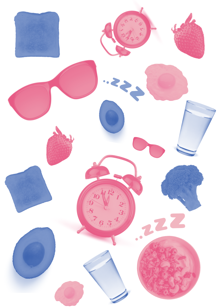 A collage of different objects, including clocks, avocados, broccoli, water, muesli and sunglasses.